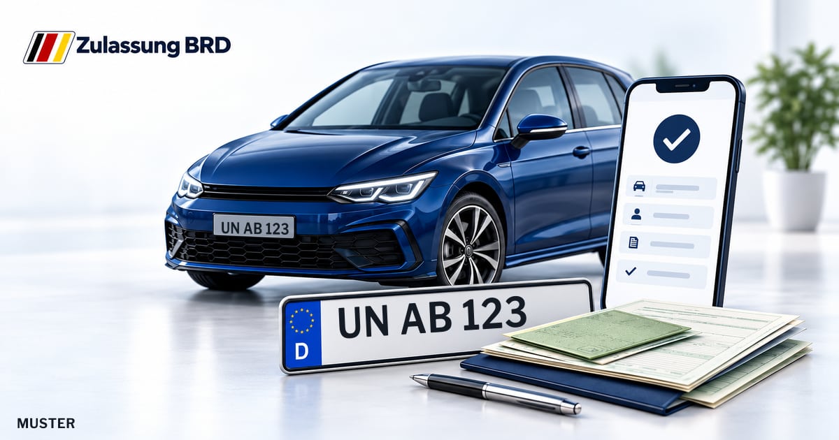 Online Fahrzeugzulassung in Unna: Musterkennzeichen UN AB 123, Auto und Fahrzeugpapiere und Smartphone. Illustration mit Logo von Zulassung BRD.